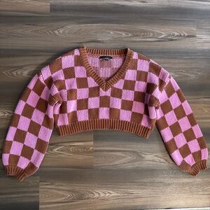 Pink and Brown Checkered Cropped Sweater